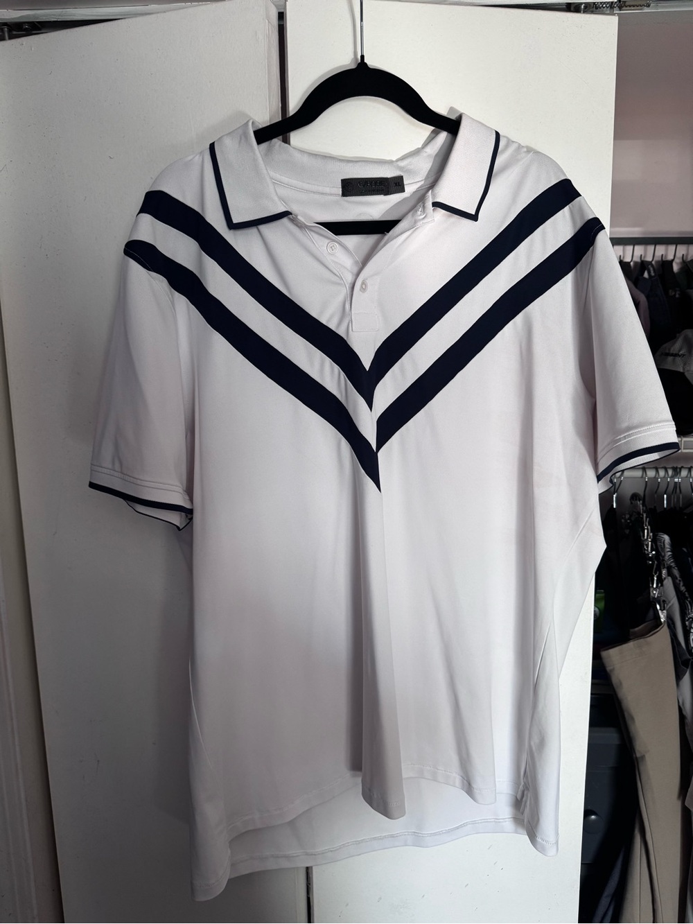 G/FORE Classic White Polo with Navy Chevron Stripes - Men’s Shirt